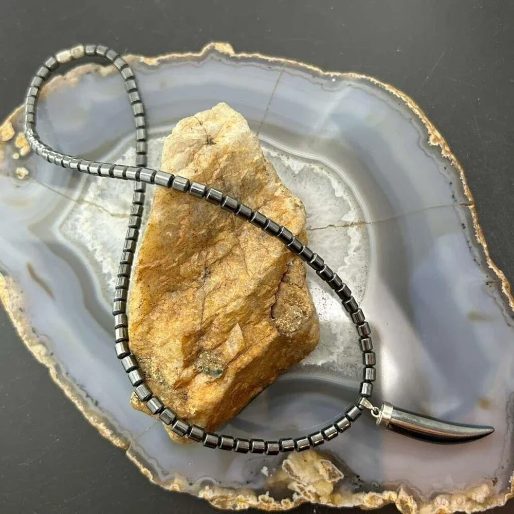 Hematite Beads with Hematite Fang Pendant Unisex 16